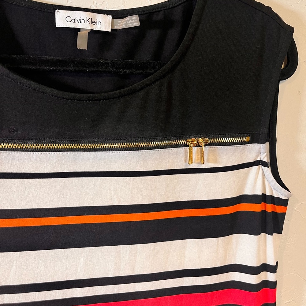 Calvin Klein Stiped‎ Tank Top Blouse with Gold Zipper Embellishment Medium - Picture 2 of 5